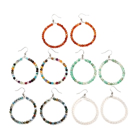 Natural Agate Beads Big Ring Dangle Earrings for Girl Women, 304 Stainless Steel Earring