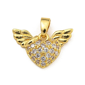 Rack Plating Brass Micro Pave Cubic Zirconia Pendants, Long-Lasting Plated, Wing with Heart