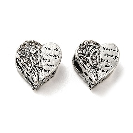 Alloy Rhinestone European Beads, Large Hole Beads, Heart with Butterfly & Word