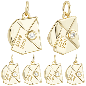 6 шт. Латунные брелоки из прозрачного кубического циркония с микропаве, конверт с письмом и словом люблю тебя, без кадмия и без свинца, долговечный, стойки покрытие, с целью перехода в кольце