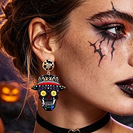 Pendientes colgantes de acrílico con estampado de calavera y sombrero de Halloween para mujer., pendientes redondos de aleación