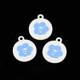 Alloy Spray Painted Enamel Pendants, Cadmium Free & Lead Free, Flat Round with Flower