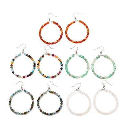 Natural Agate Beads Big Ring Dangle Earrings for Girl Women, 304 Stainless Steel Earring