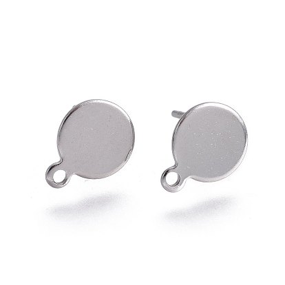 304 Stainless Steel Stud Earring Findings, with Loop and Flat Plate, Flat Round