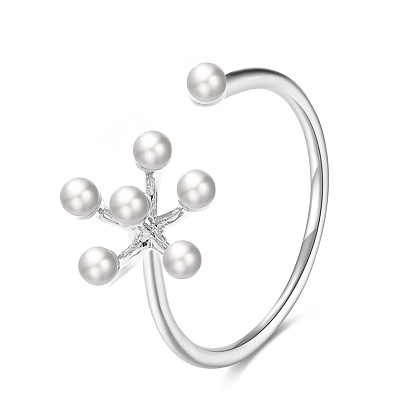 Plastic Imitation Pearl Open Cuff Rings, Brass Flower Ring