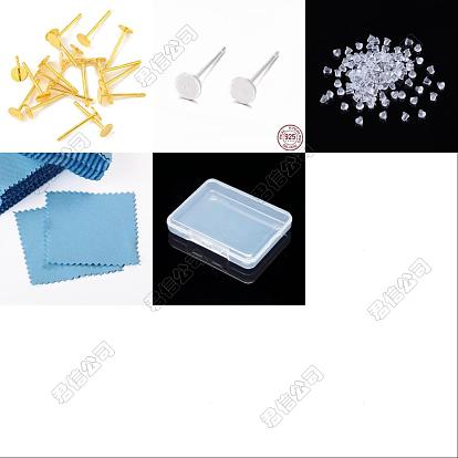 925 hallazgos de aretes con forma de almohadilla plana de plata de ley, 50 Uds tuercas de oreja de plástico, 1 Paño de pulido plateado cuadrado de tela de gamuza