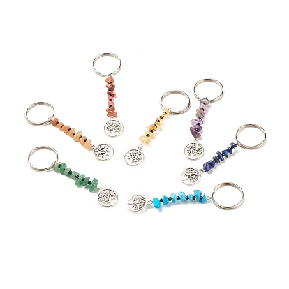 Natural & Synthetic Gemstone Beaded Keychains, with Alloy Pendants & Glass Beads, Iron & 304 Stainless Steel Findings, Tree