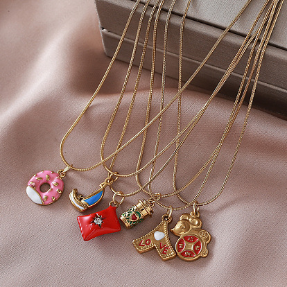 Collares con colgante de acero inoxidable esmaltado estilo vintage para mujer, velero de donut con forma de ratón de caramelo, dorado