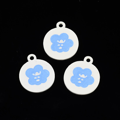 Alloy Spray Painted Enamel Pendants, Cadmium Free & Lead Free, Flat Round with Flower