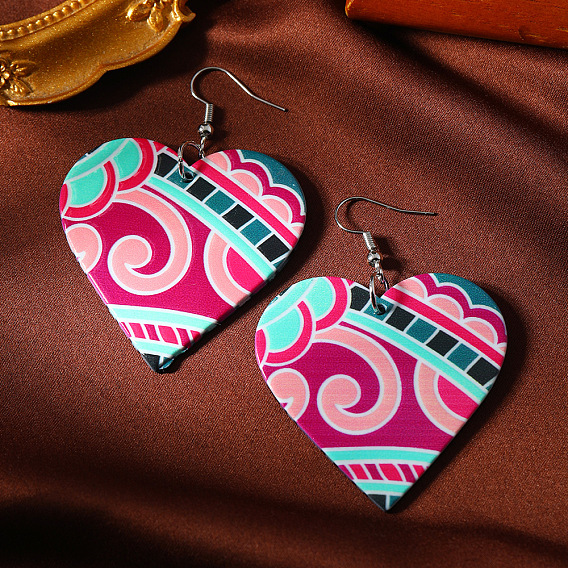 Boucles d'oreilles pendantes en acrylique imprimé pour femmes, cœur