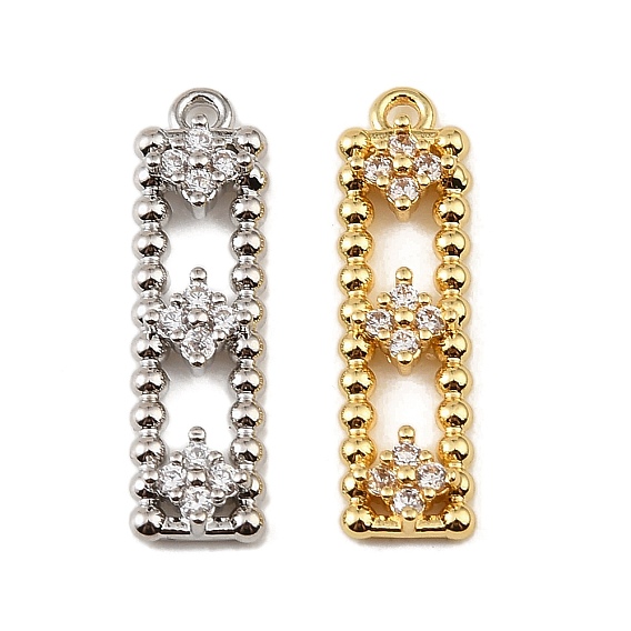 Brass Micro Pave Clear Cubic Zirconia Pendants, Rectangle with Rhombus Pattern Charms, Rack Plating, Long-Lasting Plated, Cadmium Free & Lead Free