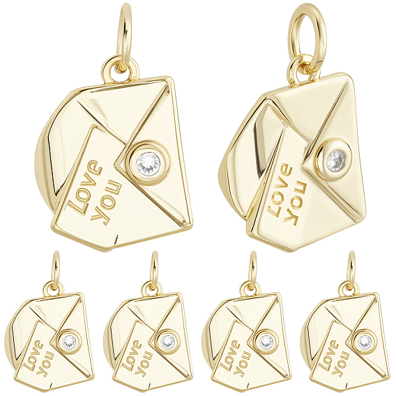 6 шт. Латунные брелоки из прозрачного кубического циркония с микропаве, конверт с письмом и словом люблю тебя, без кадмия и без свинца, долговечный, стойки покрытие, с целью перехода в кольце