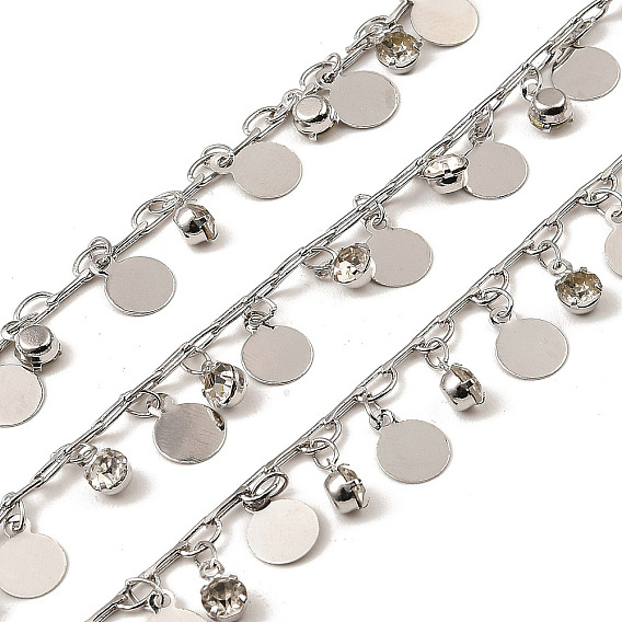 Rack Plating Brass Flat Round Link Chains, with Clear Glass Charms, Long-Lasting Plated, Soldered, with Spool