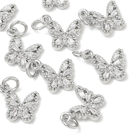 SHEGRACE Brass Pave Clear Cubic Zirconia Pendants, Butterfly Charms, Cadmium Free & Nickel Free & Lead Free, Long-Lasting Plated