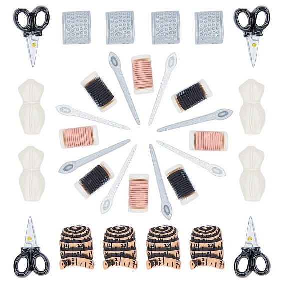 Opaque Resin Cabochons, Sewing Tools, Scissor & Spoon Dress & Tapeline & Half Oval with Spot & Half-Cylinder