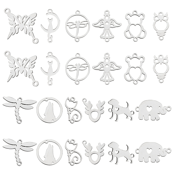 24Pcs 12 Style 201 Stainless Steel Links Connectors, Dragonfly & Owl & Butterfly & Eagle & Cat & Elephant & Bear & Dog & Wolf & Deer