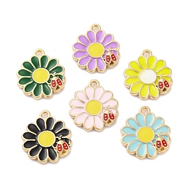 Alloy Enamel Pendants, Golden, Daisy with Ladybird Charm