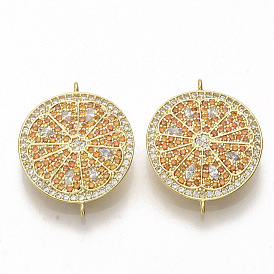 Brass Micro Pave Cubic Zirconia Links Connectors, Flat Round/Orange, Colorful