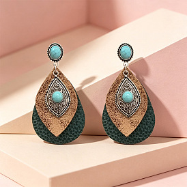 Alloy Stud Earrings, Imitation Leather & Synthetic Turquoise Teardrop Dangle Earrings for Women