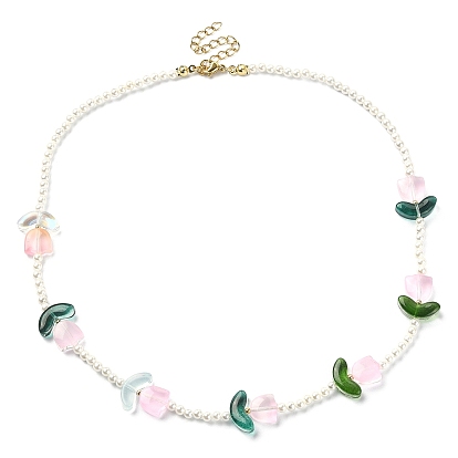 Collier de perles de coquille et de tulipe en verre avec fermoirs en acier inoxydable pour femmes