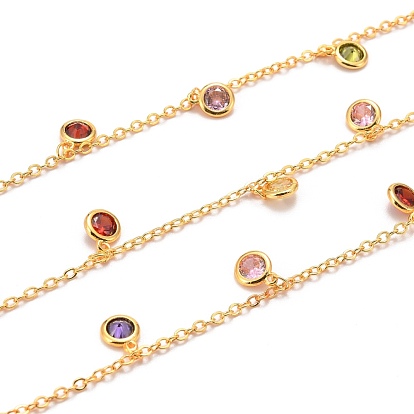 Brass Cable Chains, with Cubic Zirconia Charms, Long-Lasting Plated, with Spool, Soldered, Golden