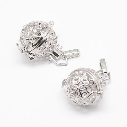 Brass Cage Pendants, For Chime Ball Pendant Necklaces Making, Hollow Round, Cadmium Free & Lead Free & Nickel Free, 29x22mm, Hole: 7x3mm