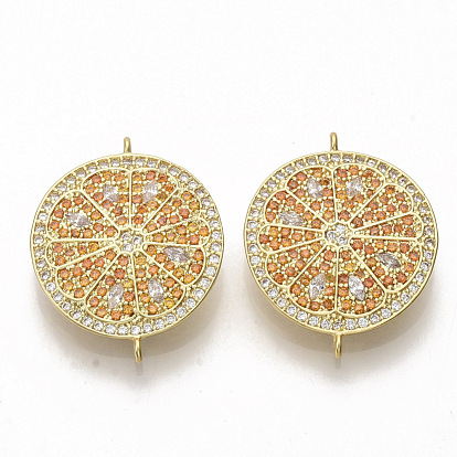 Brass Micro Pave Cubic Zirconia Links Connectors, Flat Round/Orange, Colorful