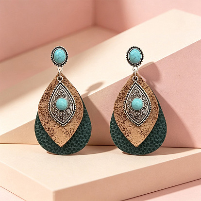 Alloy Stud Earrings, Imitation Leather & Synthetic Turquoise Teardrop Dangle Earrings for Women