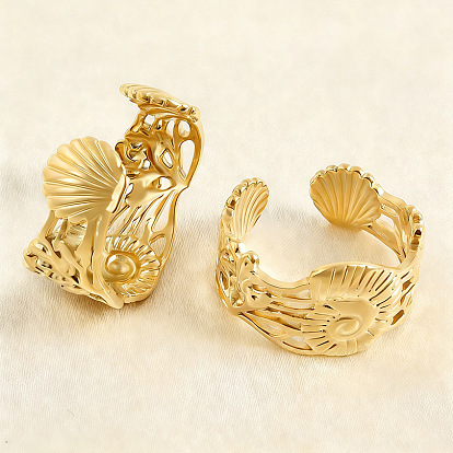 Морские животные 304 открытые кольца манжеты из нержавеющей стали, золотой / нержавеющая сталь цвета