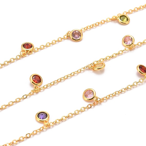 Brass Cable Chains, with Cubic Zirconia Charms, Long-Lasting Plated, with Spool, Soldered, Golden