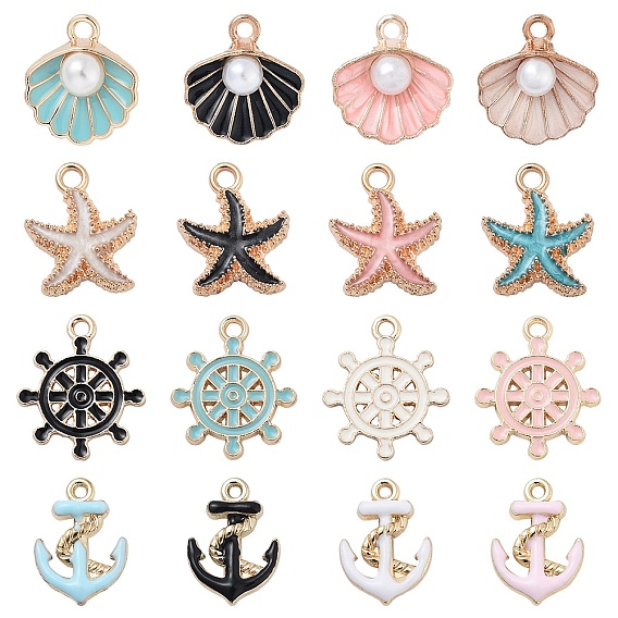 16 шт 16 стили подвески из сплава эмали, морская тема, ракушка и якорь и морская звезда и штурвал