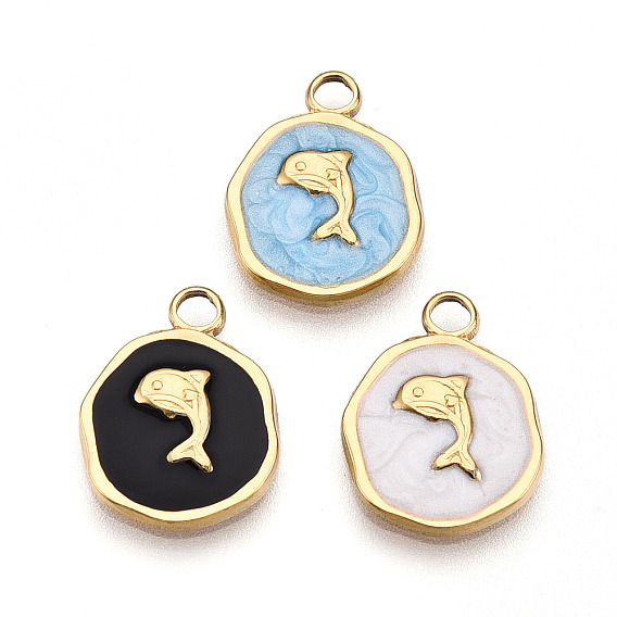 304 подвески из нержавеющей стали, с эмалью, плоский круглый с подвесками в виде дельфинов, ионное покрытие (ip), реальный 18 k позолоченный