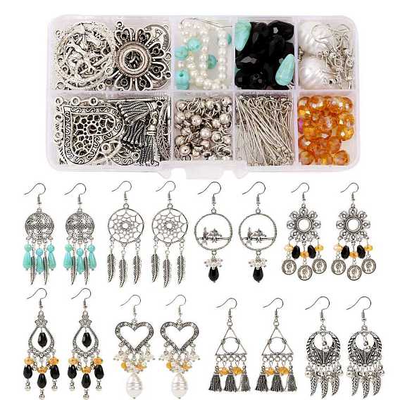 DIY Woven Net with Feather Chandelier Earring Making Kit, Including Alloy Pendant & Beads & Earring Hooks, with Rhinestone & Resin
