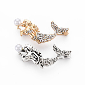 Crystal Rhinestone Mermaid Brooch with Imitation Pearl, Fish Alloy Lapel Pin for Backpack Clothes, Nickel Free & Lead Free