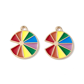 Rainbow Color Pride Alloy Enamel Pendants, Flat Round Charms, Light Gold