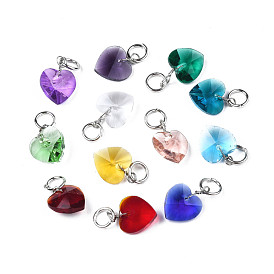 Faceted Transparent Glass Charms, with Iron Jump Ring, Heart