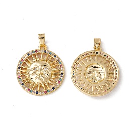 Brass Micro Pave Cubic Zirconia Pendant, with Glass, Real 18K Gold Plated, Flat Round with Sun Charm