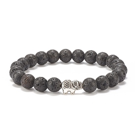Natural Lava Rock Stretch Bracelet with Alloy Elephant, Essential Oil Gemstone Jewelry for Women