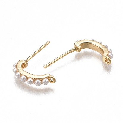 Brass Stud Earring Findings, with Loop, ABS Plastic Imitation Pearl, Nickel Free, Real 18K Gold Plated