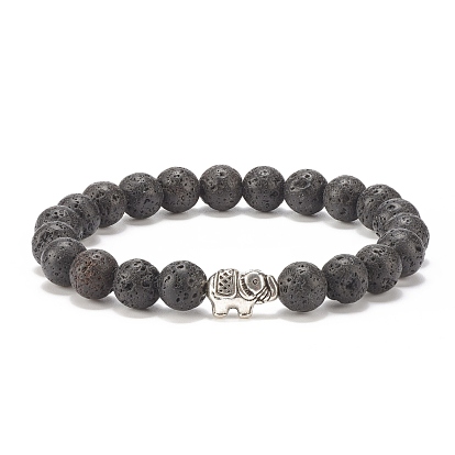 Natural Lava Rock Stretch Bracelet with Alloy Elephant, Essential Oil Gemstone Jewelry for Women