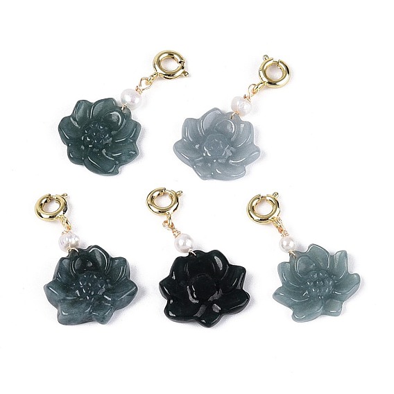 Подвески из натурального бирманского нефрита и натурального жемчуга., с латунной застежкой, лотос