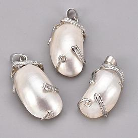 Natural White Shell Mother of Pearl Shell Pendants, with Platinum Plated Brass Findings