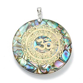 Natural Abalone Shell/Paua Shell Pendants, Mosaic Pattern, with Platinum Plated Brass Findings and Gold Foil, Flat Round with Om Symbol