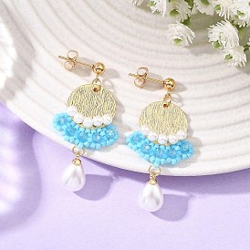 Pendientes colgantes de latón con cuentas de vidrio, rondo, Pendientes de botón con colgantes de imitación de perlas de plástico ABS, chapado en rack, dorado