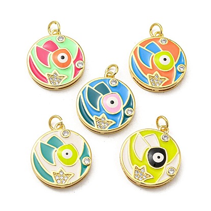 Real 18K Gold Plated Brass Pendants, with Cubic Zirconia and Enamel, Flat Round with Evil Eye Charms