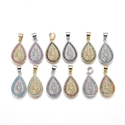 Eco-Friendly Brass Micro Pave Cubic Zirconia Pendants, Long-Lasting Plated, Teardrop