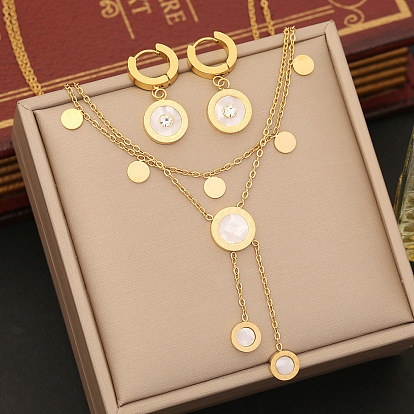 Chic Stainless Steel Shell Jewelry Set with Round Pendant Necklace - N1177