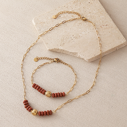 Colliers et bracelets pour femmes, perles heishi hexagonales en pierre de soleil synthétique et chaîne trombone en acier inoxydable