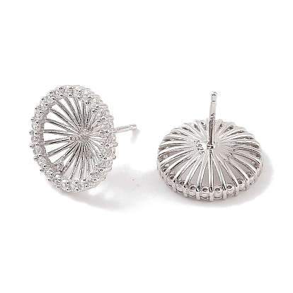 925 Sterling Silver Micro Pave Cubic Zirconia Earring Settings Findings, for Half Drilled Beads, Flat Round