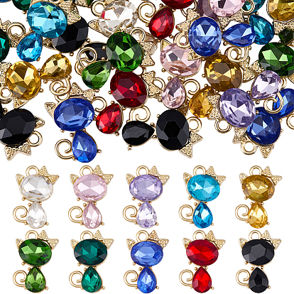 30Pcs 10 Colors Alloy Glass Pendants, Cat Shape Charm, Golden, Faceted